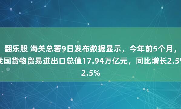 翻乐股 海关总署9日发布数据显示，今年前5个月，我国货物贸易进出口总值17.94万亿元，同比增长2.5%
